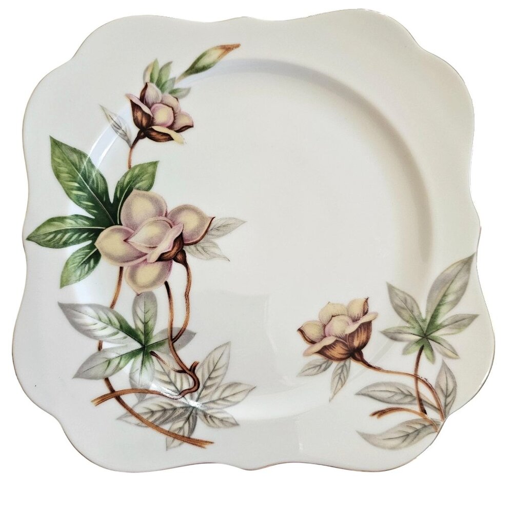 6 Blue Woodrose Square Lunch Plate 7.5" Meito Japan salad gold scalloped edge vt